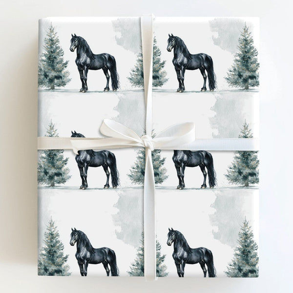 Watercolor Winter Horse Gift Wrap, Friesian Horse Christmas Wrapping Paper, Equestrian Holiday Wrapping Paper, Black Horse Wr