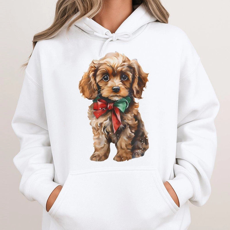 Puppy with Red Bow Holiday Sweatshirt, Cavapoo Christmas Hoodie, Adorable Dog Lover Hooded Sweater, Festive Cavapoo Christmas Present for Dog Mom