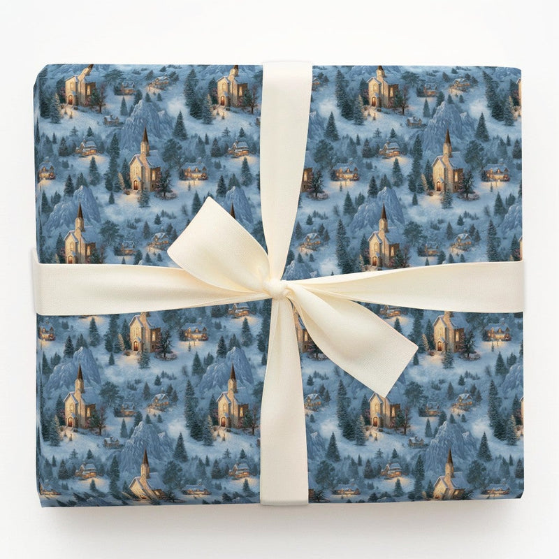 Snowy Mountain Gift Wrap, Winter Church Village Wrapping Paper, Comfy Winter Cabin Wrapping Paper, Serene Holiday Christmas Wrapping Paper