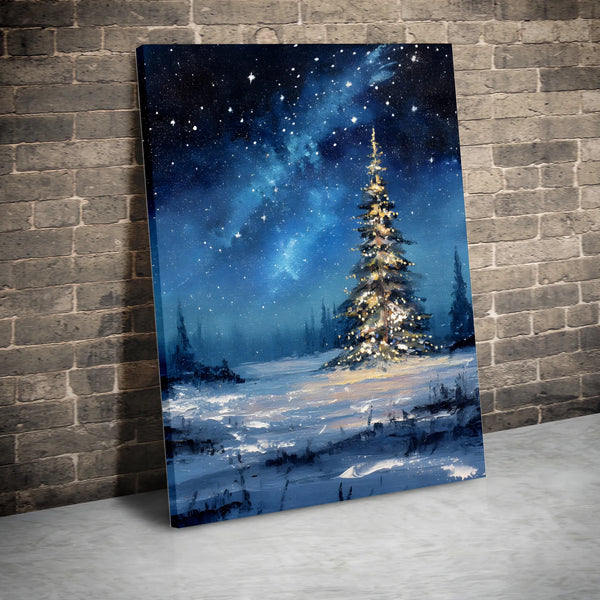 Snowy Night Holiday Canvas Print, Christmas Tree Canvas Wall Art, Winter Landscape Canvas Painting, Festive Seasonal Home Wal