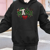 Santa Hat Bow Holiday Hoodie, Christmas Mama Hoodie, Festive Winter Graphic Hooded Sweatshirt, Comfy Mom Christmas Hoodie, Holiday Mom Present