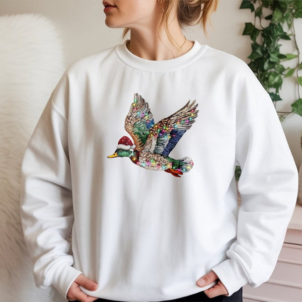 Rhinestone Style Waterfowl Bird Crewneck, Mallard Duck Christmas Sweatshirt, Holiday Duck Hunter Sweater, Retro Christmas Wil