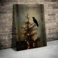 Dark Academia Holiday Canvas Decor, Gothic Raven Christmas Tree Canvas Art, Moody Winter Raven Canvas Print, Spooky Xmas Goth Lover Present