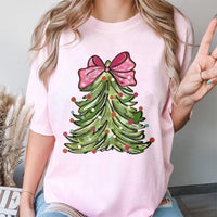 Adorable Holiday Tree T-Shirt, Pink Bow Christmas Tree T-Shirt, Festive Pink Bow Christmas Shirt, Retro Xmas Graphic Tee, Seasonal Holiday Present