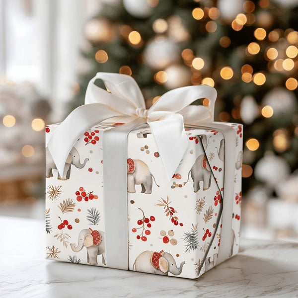 Watercolor Saddle Holiday Gift Wrap, Christmas Elephant Wrapping Paper, Winter Botanical Elephant Wrapping Paper, Festive Hol