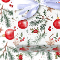 Gold Star Pine Christmas Gift Wrap, Watercolor Ornament Wrapping Paper, Festive Holly Berry Wrapping Paper, Holiday Present Wrapping Paper