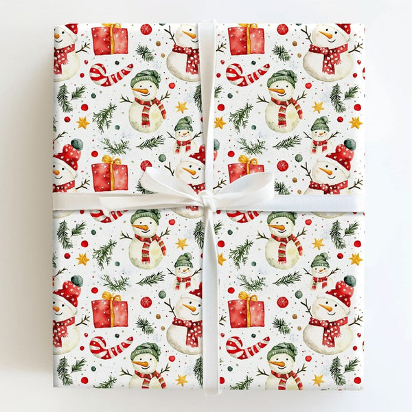 Candy Cane Holiday Gift Wrap, Watercolor Snowman Wrapping Paper, Adorable Winter Snowmen Paper Roll, Christmas Gift Wrapping 