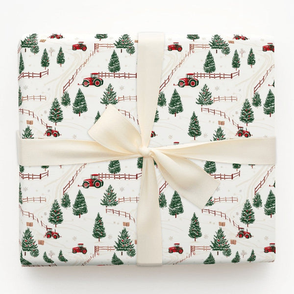 Farmhouse Holiday Gift Wrap, Red Tractor Christmas Wrapping Paper, Rustic Country Tractor Wrapping Paper, Winter Farm Present