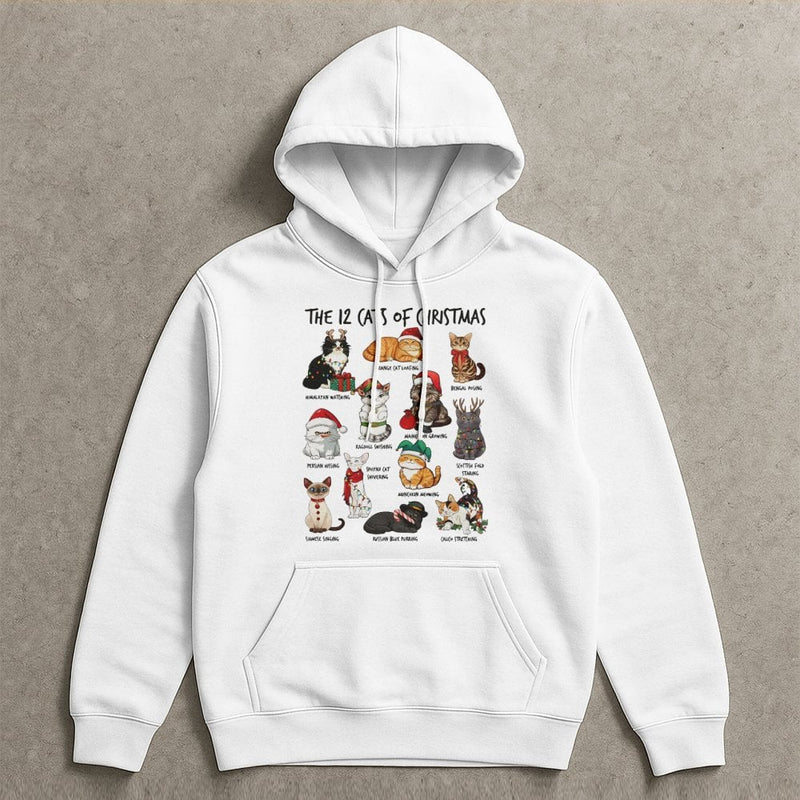 Festive Kitten Illustration Sweatshirt, 12 Cats of Christmas Hoodie, Adorable Cat Lover Holiday Pullover, Humorous Pet Owner Hooded Sweater Present