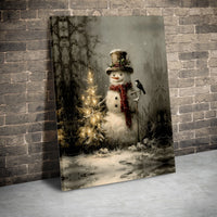 Lighted Christmas Tree Scene Print, Vintage Snowman Canvas Wall Art, Rustic Winter Wall Decor, Holiday Canvas Art Present