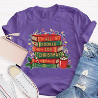 Comfy Bookworm Holiday Reading Shirt, All Booked for Christmas T-Shirt, Bookish Christmas Tree Graphic Tee, Book Lover Christmas T-Shirt
