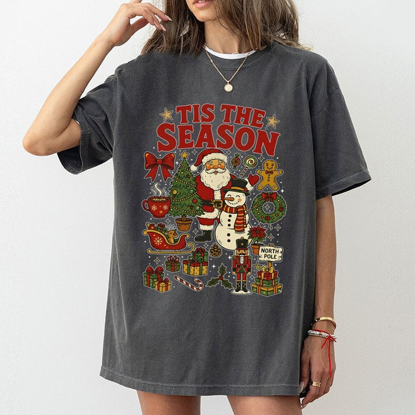 Santa Claus Snowman Graphic T-Shirt, Tis the Season Christmas Shirt, Retro Holiday Party Tee, Festive Family Tee, Unisex Xmas