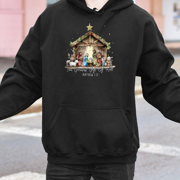 The Greatest Present of All Sweatshirt, Nativity Scene Hoodie, Christian Christmas Pullover Hoodie, Religious Holiday Hooded 