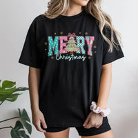 Coquette Aesthetic Pink Tree Shirt, Merry Christmas T-Shirt, Checkered Holiday Bow Tee, Adorable Festive Xmas Graphic T-Shirt for Her