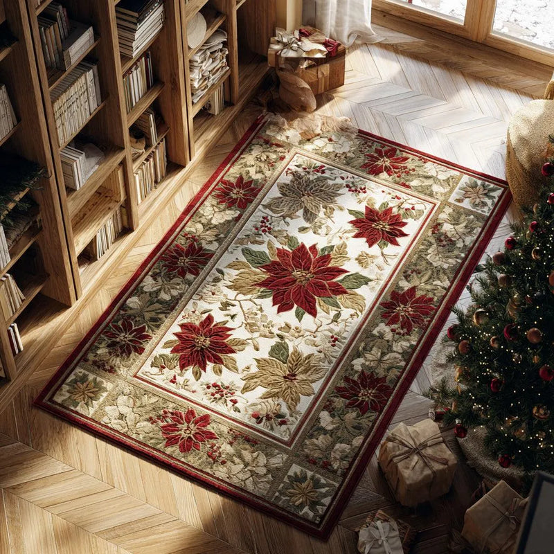 Crimson Christmas Floral Rug, Poinsettia Area Rug, Vintage Winter Holiday Floor Rug, Festive Botanical Room Rug, Xmas Decor Present