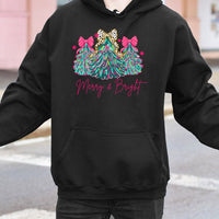Pastel Christmas Tree Hooded Sweatshirt, Merry and Bright Christmas Hoodie, Aesthetic Holiday Hoodie, Comfy Winter Pullover Present for Her