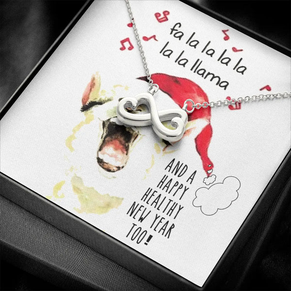 14k White Gold Holiday Pendant Necklace, Santa Llama Christmas Infinity Necklace, Festive Animal Charm Jewelry, Adorable Chri
