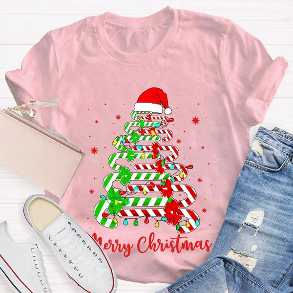 Festive Merry Tree Graphic Tee, Christmas Candy Tree T-Shirt, Holiday Candy Cane Christmas Shirt, Adorable Winter Apparel, Ch