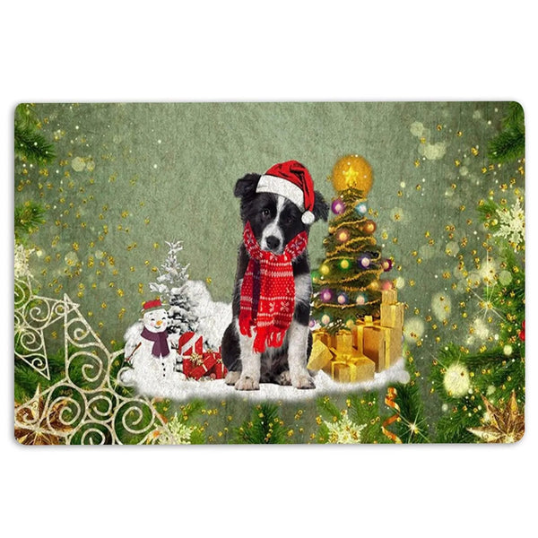 Merry Christmas Dog Doormat, Border Collie Christmas Doormat, Snow Tree Entryway Doormat, Dog Lover Welcome Mat, Holiday Home