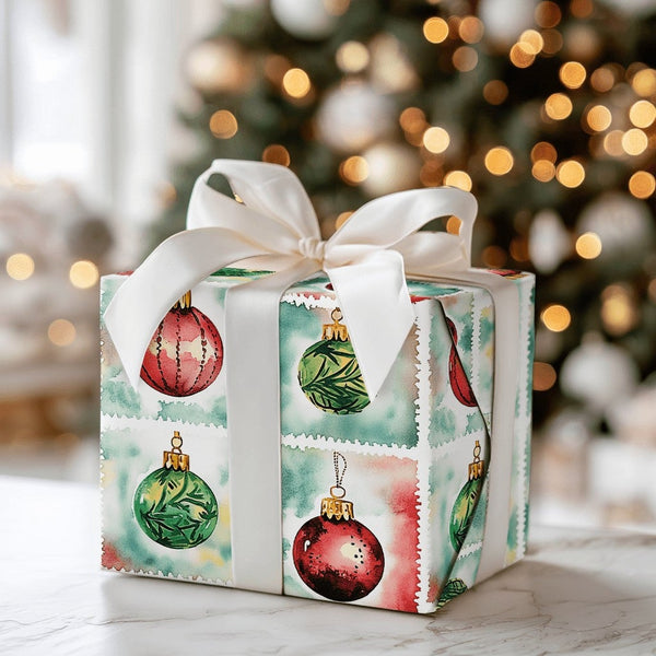 Watercolor Holiday Grid Gift Wrap, Christmas Ornament Stamp Wrapping Paper, Festive Red Green Ornament Wrapping Paper, Xmas G