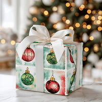 Watercolor Holiday Grid Gift Wrap, Christmas Ornament Stamp Wrapping Paper, Festive Red Green Ornament Wrapping Paper, Xmas Gift Wrap Roll