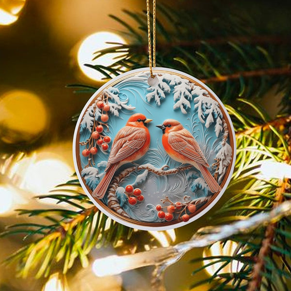 Winter Birds on Snowy Branch Ornament, Cardinal Christmas Ornament, Red Cardinal Bird Holiday Ornament, Bird Lover Ceramic Ke