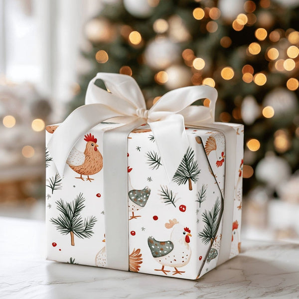 Watercolor Farmhouse Gift Wrap, Christmas Chicken Wrapping Paper, Farm Hen Holiday Wrapping Paper, Rustic Animal Xmas Wrappin