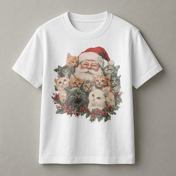 Adorable Cat Santa Graphic Tee, Santa Claus and Kittens Christmas T-Shirt, Vintage Kitten Holiday Shirt