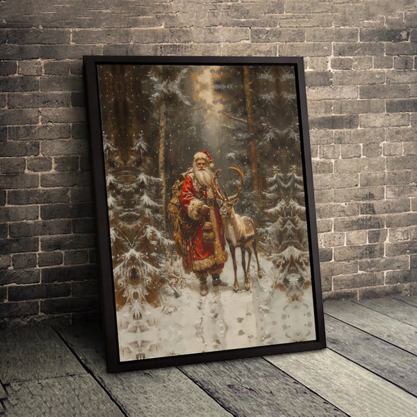 Snowy Winter Forest Canvas Wall Art, Santa Claus and Reindeer Canvas Print, Christmas Holiday Landscape Canvas, Rustic Xmas H