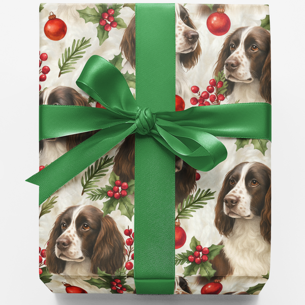 Dog Lover Holiday Gift Wrap, English Springer Spaniel Christmas Wrapping Paper, Puppy Pet Pattern Wrapping Paper, Festive Win