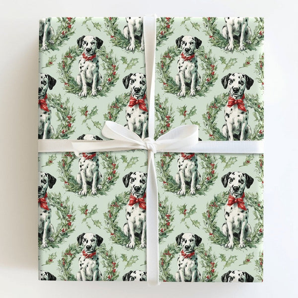 Sage Green Dog Gift Wrap, Dalmatian Puppy Christmas Wrapping Paper, Wreath Present Wrap, Pet Lover Holiday Wrapping Paper, Xm