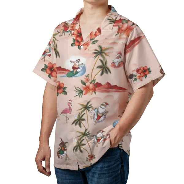 Humorous Tropical Holiday Aloha Shirt, Surfing Santa Christmas Hawaiian Shirt, Beach Santa Button Down Shirt, Xmas Vacation P