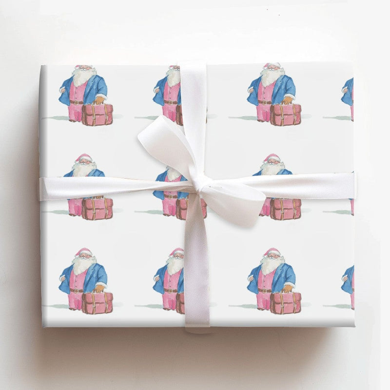 Pink Suit Santa Claus Wrapping Paper, Travel Santa Wrapping Paper, Whimsical Watercolor Holiday Gift Wrap, Christmas Present Wrapping Paper