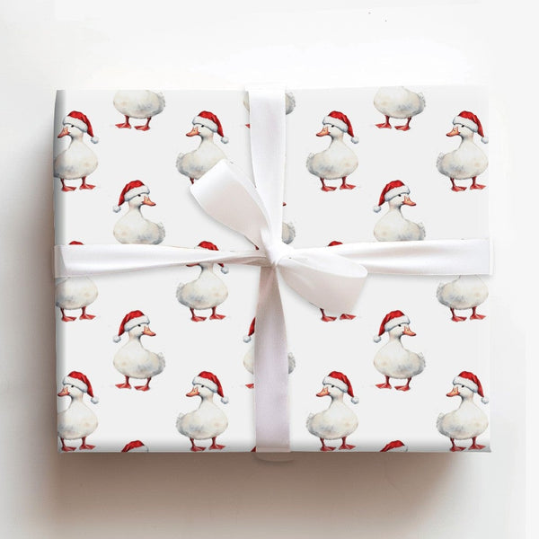 Watercolor Santa Hat Duck Gift Wrap, Christmas Duck Wrapping Paper, Adorable Holiday Bird Paper, Festive Animal Lover Xmas Gi