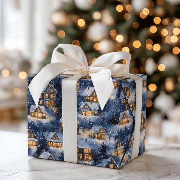 Snowy Night Christmas Gift Wrap, Winter Village Wrapping Paper, Comfy Holiday Town Watercolor Wrapping Paper, Festive Xmas Pr