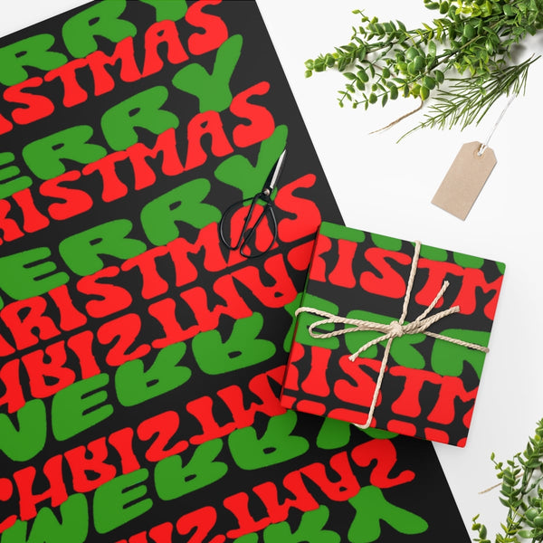 Vintage Typography Holiday Gift Wrap, Retro Wavy Merry Christmas Wrapping Paper, 70s Xmas Wrapping Paper Roll, Festive Presen