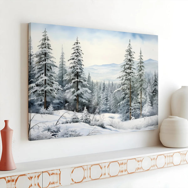 Snowy Pine Landscape Painting Print, Winter Forest Canvas Wall Art, Peaceful Holiday Season Decor, Rustic Christmas Tree Art 