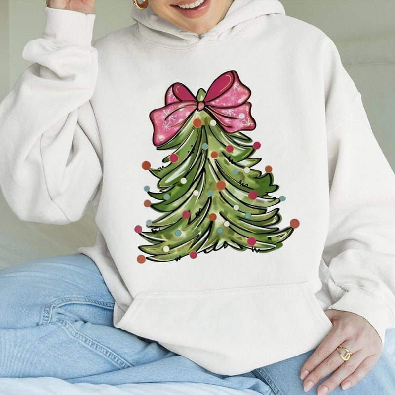 Coquette Bow Holiday Tree Hoodie, Pink Bow Christmas Tree Hoodie, Girly Winter Aesthetic Sweatshirt, Pastel Xmas Graphic Pullover