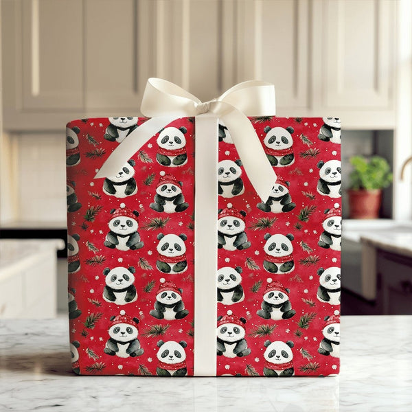 Adorable Animal Christmas Gift Wrap, Red Panda Santa Hat Wrapping Paper, Festive Red Holiday Present Paper, Kids Xmas Wrappin