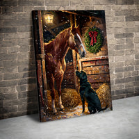 Rustic Barn Snow Scene Wall Art, Christmas Horse and Labrador Canvas, Festive Winter Dog Decor, Digital Download Print