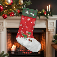 Custom Name T-Rex Holiday Stocking, Personalized Dinosaur Christmas Stocking, Adorable Dino Winter Stocking, Fireplace Decor, Kids Xmas Present