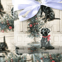 Dog with Tree Holiday Gift Wrap, Black Labrador Christmas Wrapping Paper, Watercolor Pet Wrapping Paper, Dog Lover Xmas Present Paper Roll