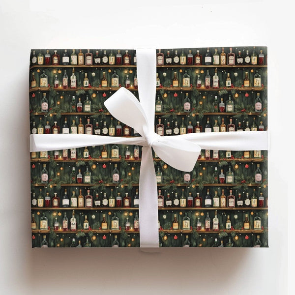Liquor Bottle Shelves Gift Wrap, Holiday Bar Cabinet Wrapping Paper, Festive Wine Shelf Wrapping Paper, Adult Christmas Party
