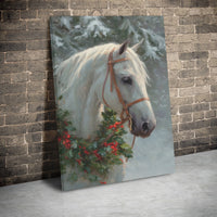 Christmas Holly Wreath Horse Print, White Horse Canvas Wall Art, Winter Farmhouse Horse Art Digital Download, Rustic Holiday Animal Decor