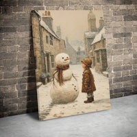 Winter Village Scene Canvas Print, Vintage Snowman Canvas Wall Art, Nostalgic Christmas Wall Art, Holiday Snowman Canvas, Winter Home Decor