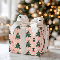 Whimsical Holiday Gift Wrap, Pink Christmas Tree Wrapping Paper, Santa Hat and Bells Xmas Wrapping Paper, Adorable Festive Gift Wrap Roll