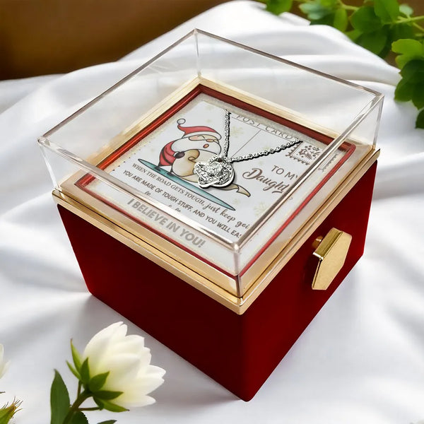 Santa Christmas Message Gift Box, Daughter Love Knot Necklace, CZ Crystal Pendant, Heartfelt Daughter Xmas Keepsake Jewelry P