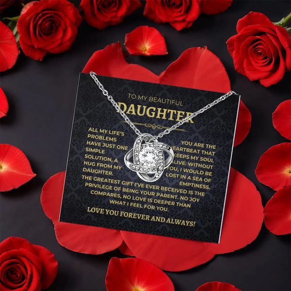 Gold CZ Message Card Jewelry, Daughter Love Knot Necklace, Sentimental Daughter Keepsake, Christmas Birthday Love Knot Neckla