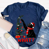 Humorous Holiday Cat Chaos Shirt, Black Cat Pushing Christmas Tree T-Shirt, Adorable Festive Kitty Graphic Tee, Cat Lover Christmas Present