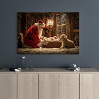 Rustic Stable Christmas Wall Art, Santa Kneeling Nativity Wall Art, Christian Nativity Scene Wall Art, Holiday Decor, Printable Download